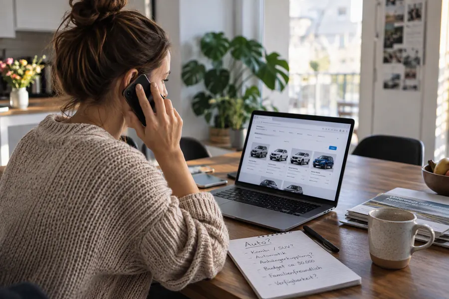 Eine Frau sucht am Laptop nach Autos und notiert ihre Wünsche auf einem Block