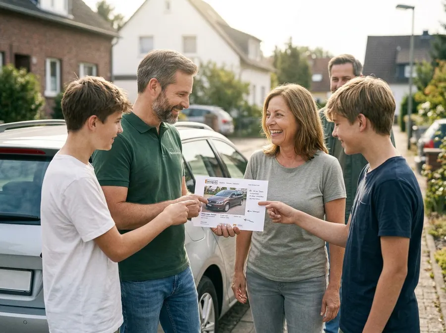 Eine Familie schaut gemeinsam auf ein Fahrzeuginserat vor einem Auto