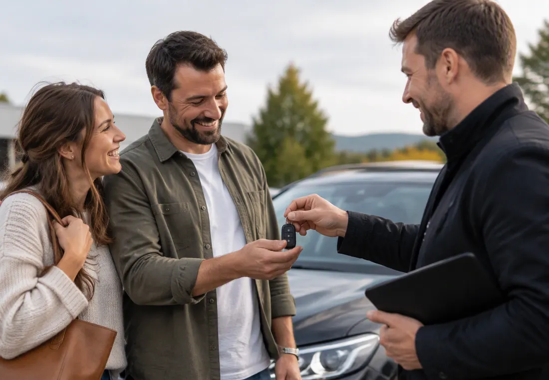 Ein Paar nimmt von einem Berater lächelnd den Autoschlüssel entgegen
